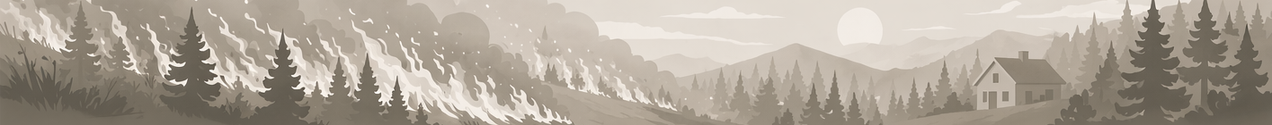 Panoramic wildfire banner with flames moving through a forested hillside toward a house in the distance.
