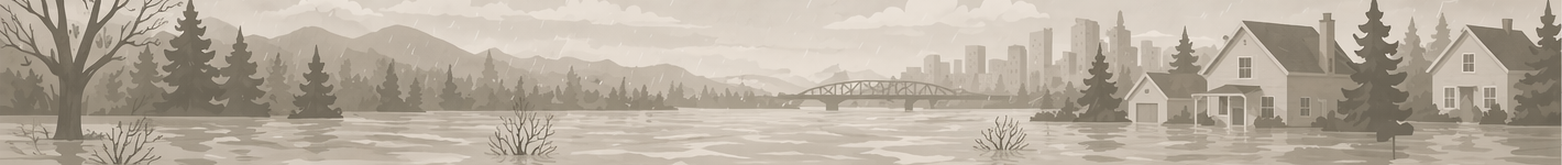 Panoramic flooding banner with swollen river water, bridge, city skyline, and homes standing in rising water.