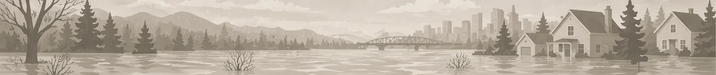 Panoramic flooding banner with swollen river water, bridge, city skyline, and homes standing in rising water.