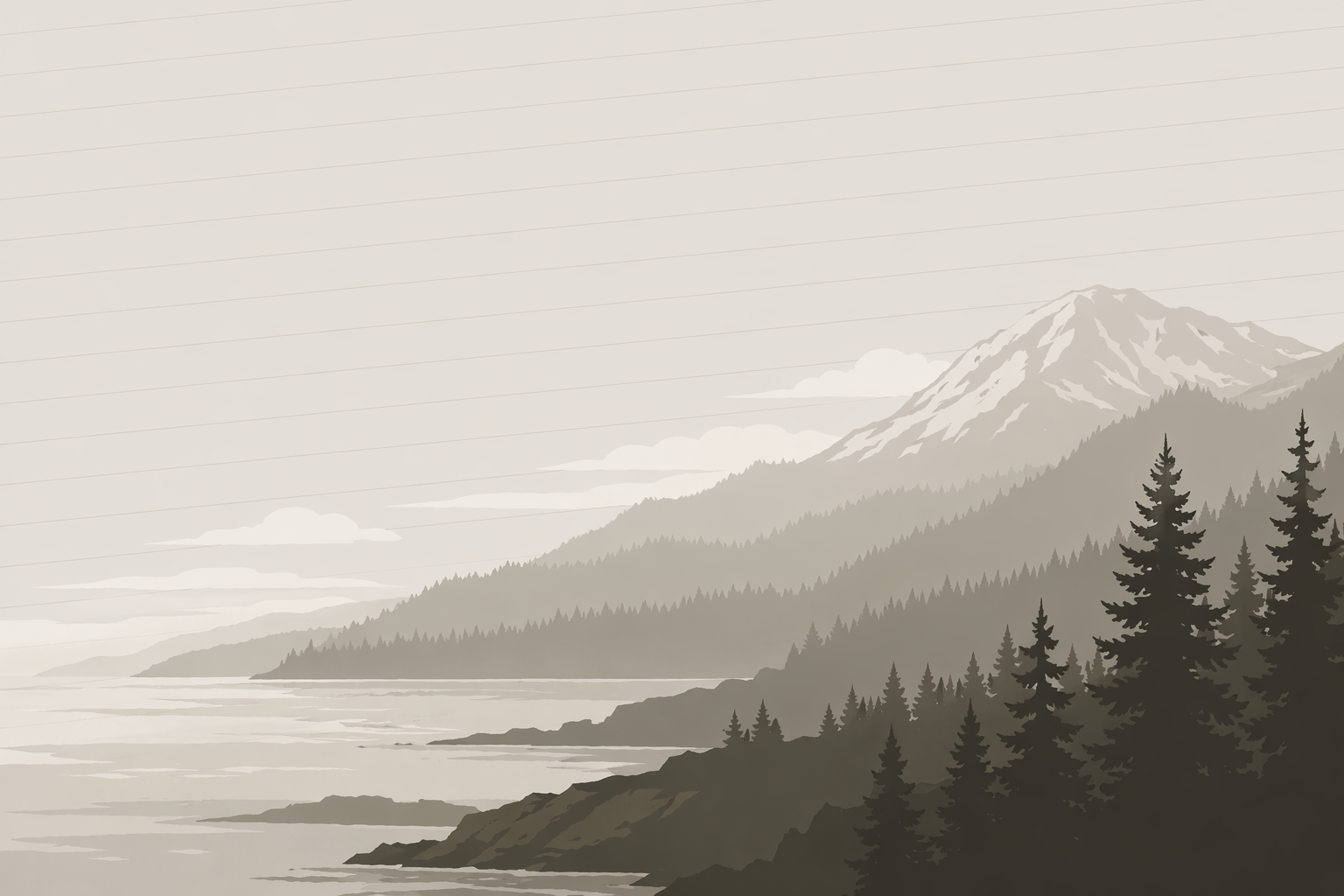 Illustrated Pacific Northwest coastline with a snow-covered mountain and evergreen forest.