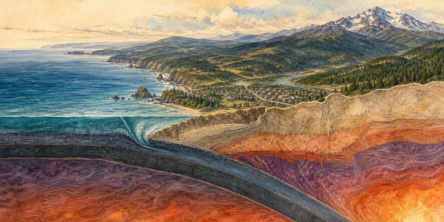 The Pacific coast and Cascade Range above a cutaway view of the oceanic plate descending beneath the continent.