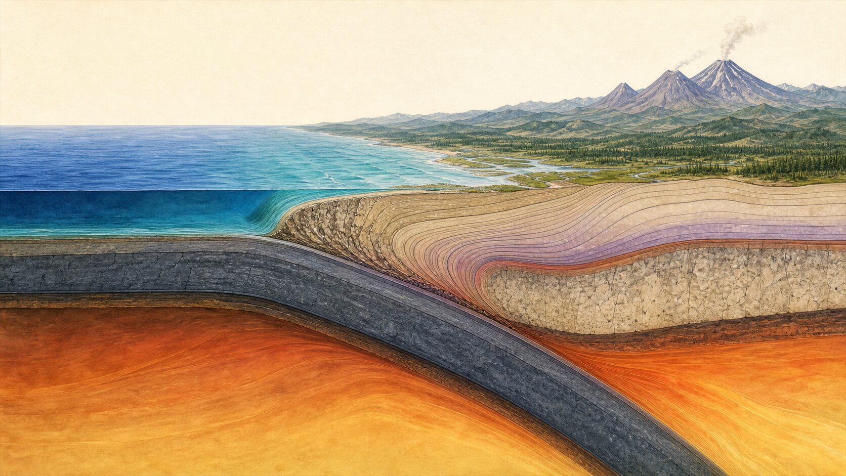 A cross-section from the Pacific Ocean to the Cascade Range showing the oceanic plate bending beneath the continent.