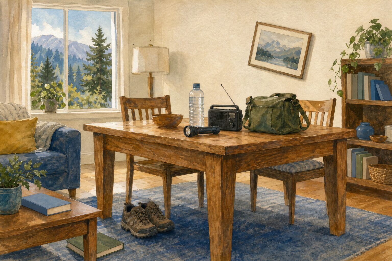 A dining room with a sturdy table, shoes, water, a flashlight, a radio, and a small green bag kept within easy reach.