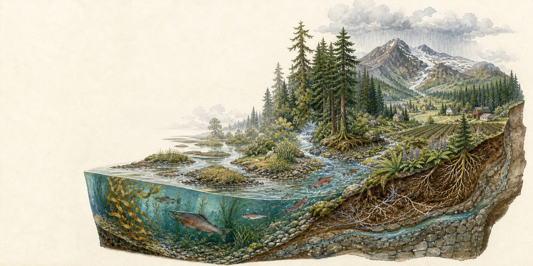 A natural-history cutaway of the Cascadia bioregion connects kelp and salmon, an estuary and river, forest roots and groundwater, farms and homes, snowpack and rain.