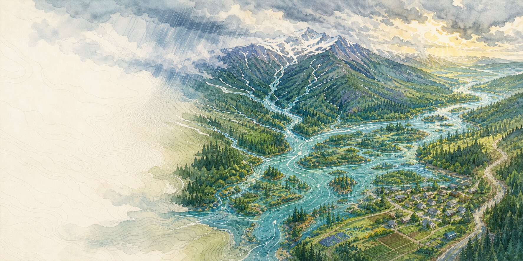 Rain and snowmelt moving from Cascade mountains through tributaries into a broad forested river floodplain.