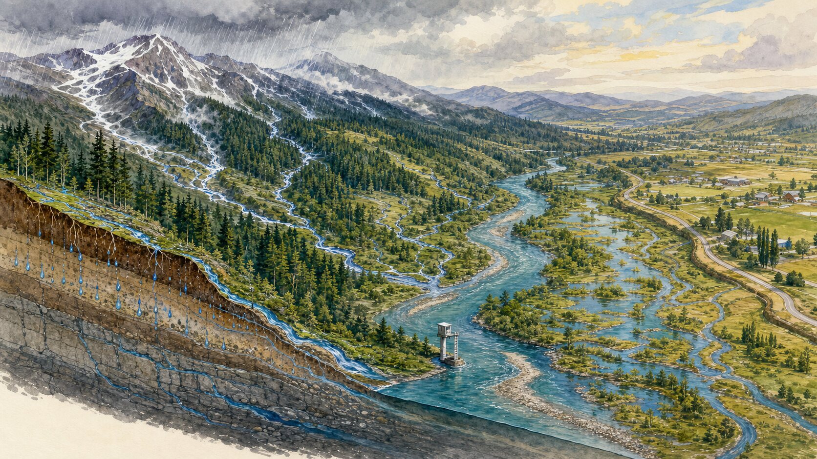 Rain and snowmelt entering soil and tributaries, converging in a main river at one gauge, and spreading across low floodplain channels while the water remains below a higher road.