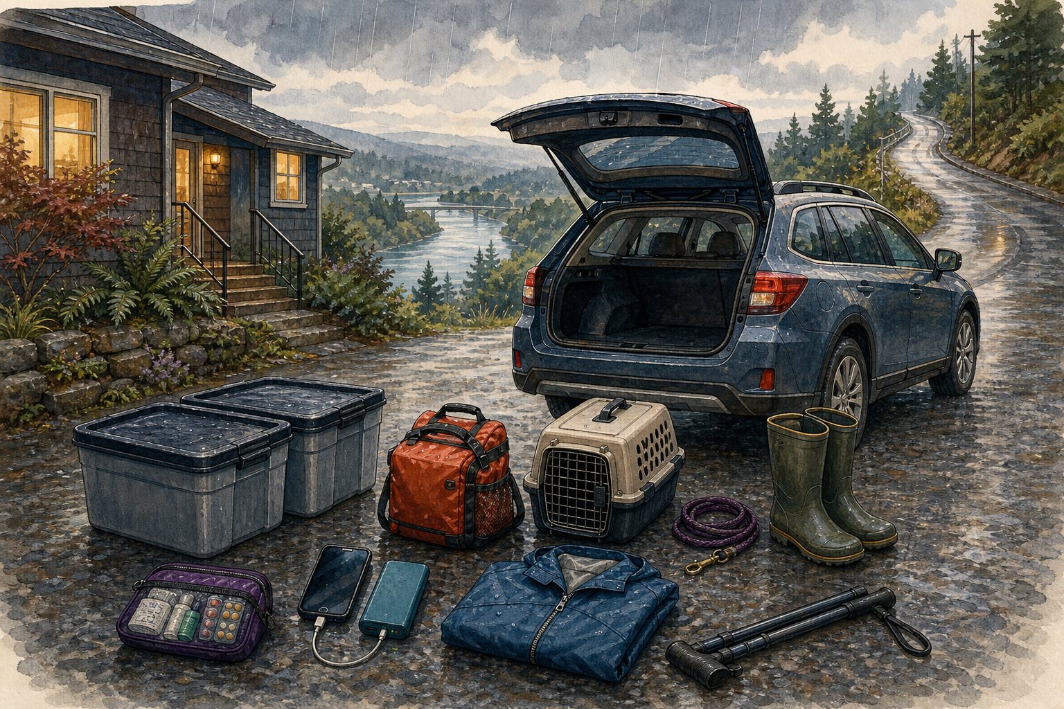 A home above a river valley in heavy rain, with a vehicle on a rain-wet uphill road and waterproof bins, medication, boots, a pet carrier, rain gear, a phone, and a mobility aid ready to move.