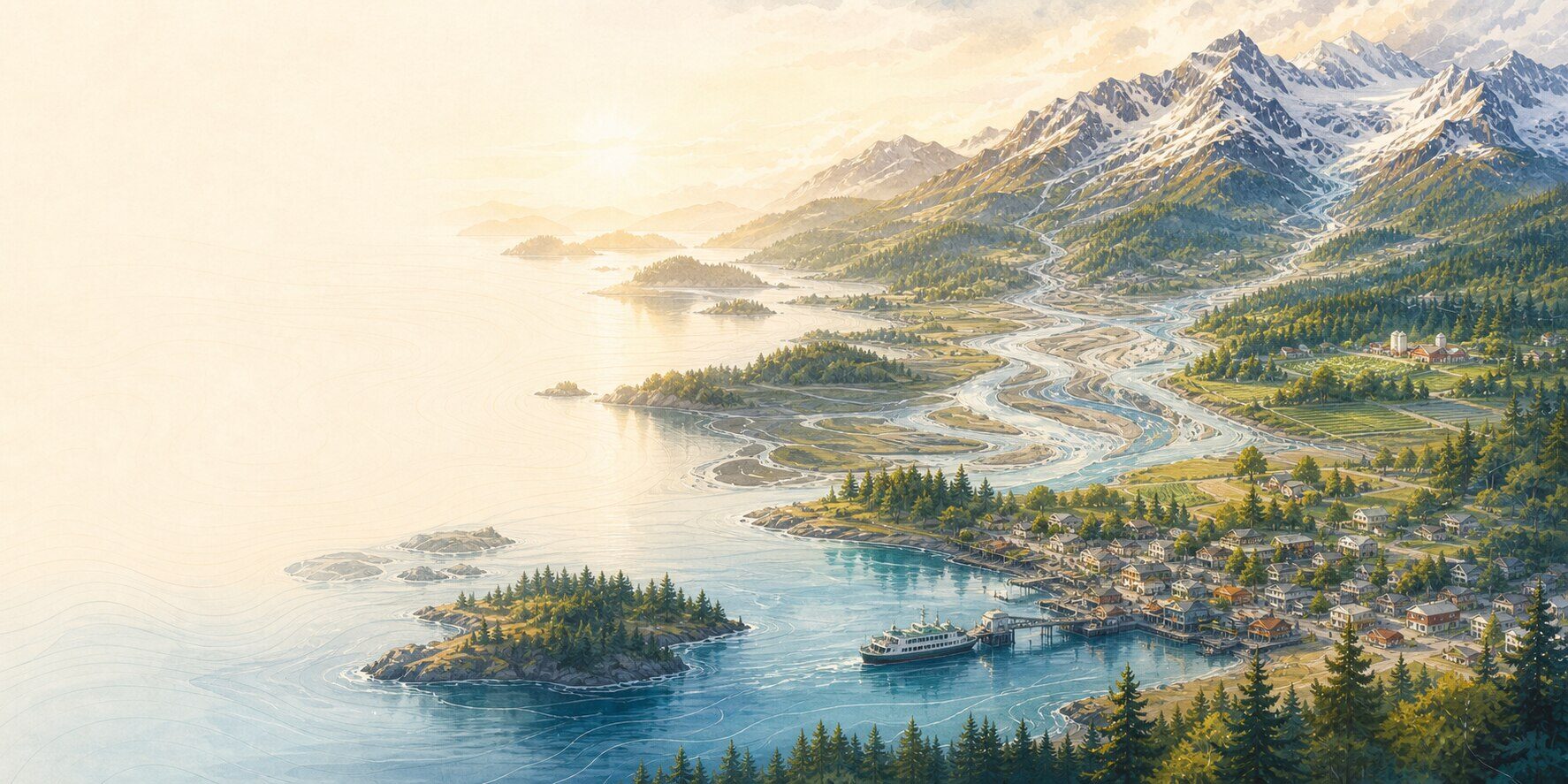 A Cascadian watershed, road, ferry, farms, homes, and harbor town at daybreak.