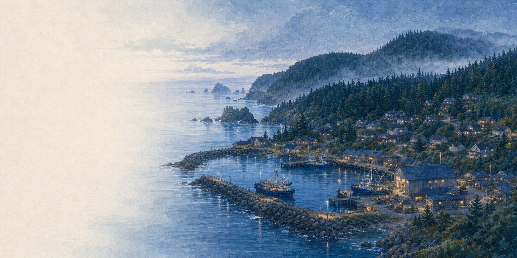 A working Cascadian harbor, ferry, homes, roads, and businesses sheltered by evergreen headlands.