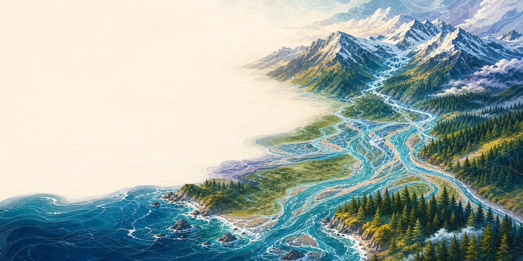 A Cascadian watershed connecting snowy mountains, braided rivers, evergreen valleys, roads, farms, homes, and the coast.