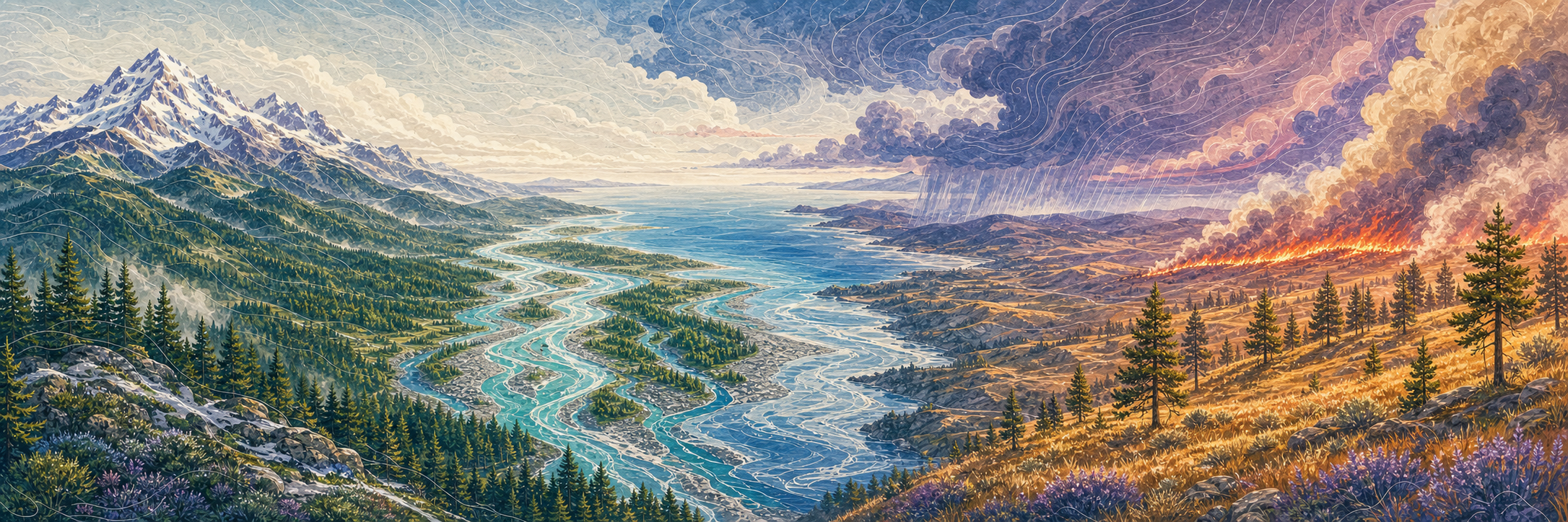 A panorama joining snowy mountains, forest, braided rivers, coast, storm, dry grassland, and wildfire in one Cascadian landscape.