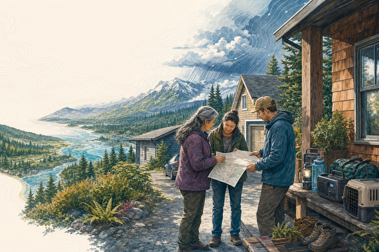 Neighbors compare a local map beside water, a radio, departure bags, sturdy shoes, and an animal carrier in a Cascadian river valley.