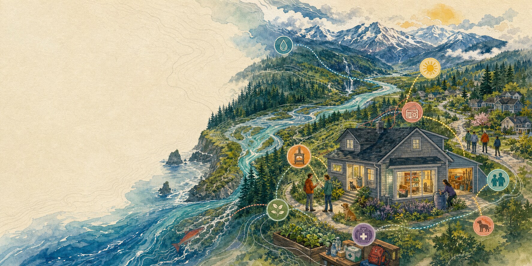 A home beside a Cascadian river and coast, connected to water, warmth, radio, health, animals, and neighboring households.