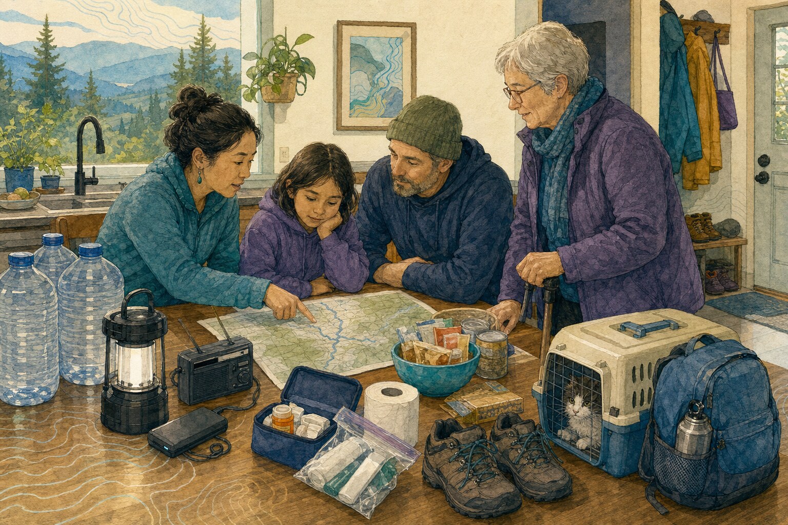 Four people and a cat gathered around a route map with water, medicine, a radio, lantern, sturdy shoes, pet carrier, and departure bag.