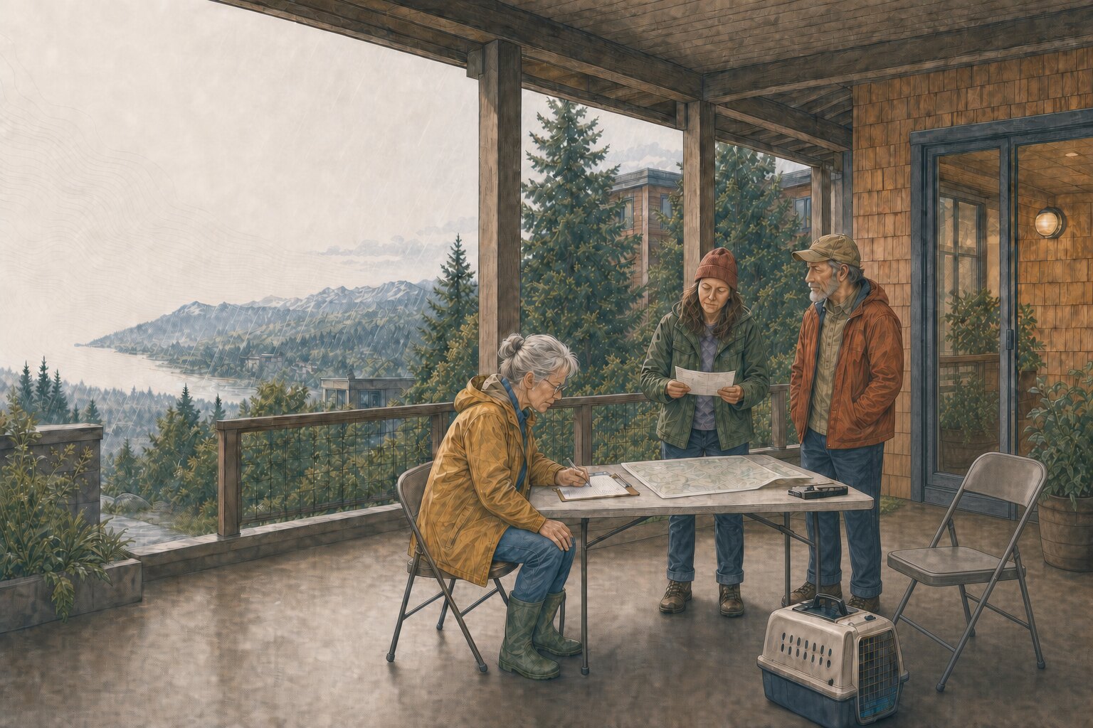 Three neighbors gather around a dry neighborhood map and animal carrier beneath a covered apartment breezeway while light rain falls outside.