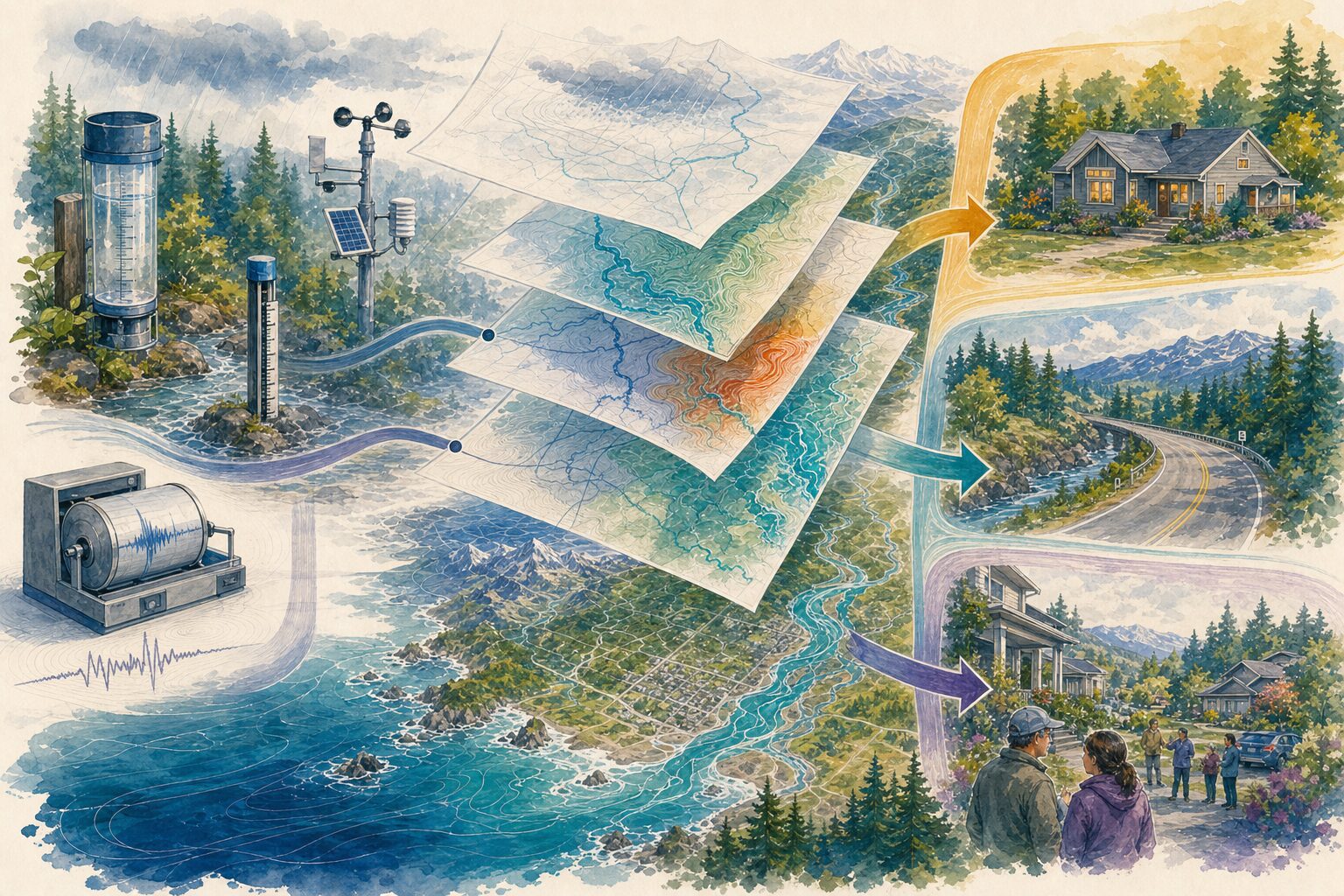 Rain, river, weather, and earthquake instruments feed layered regional maps that lead toward household, road, and neighborhood decisions.