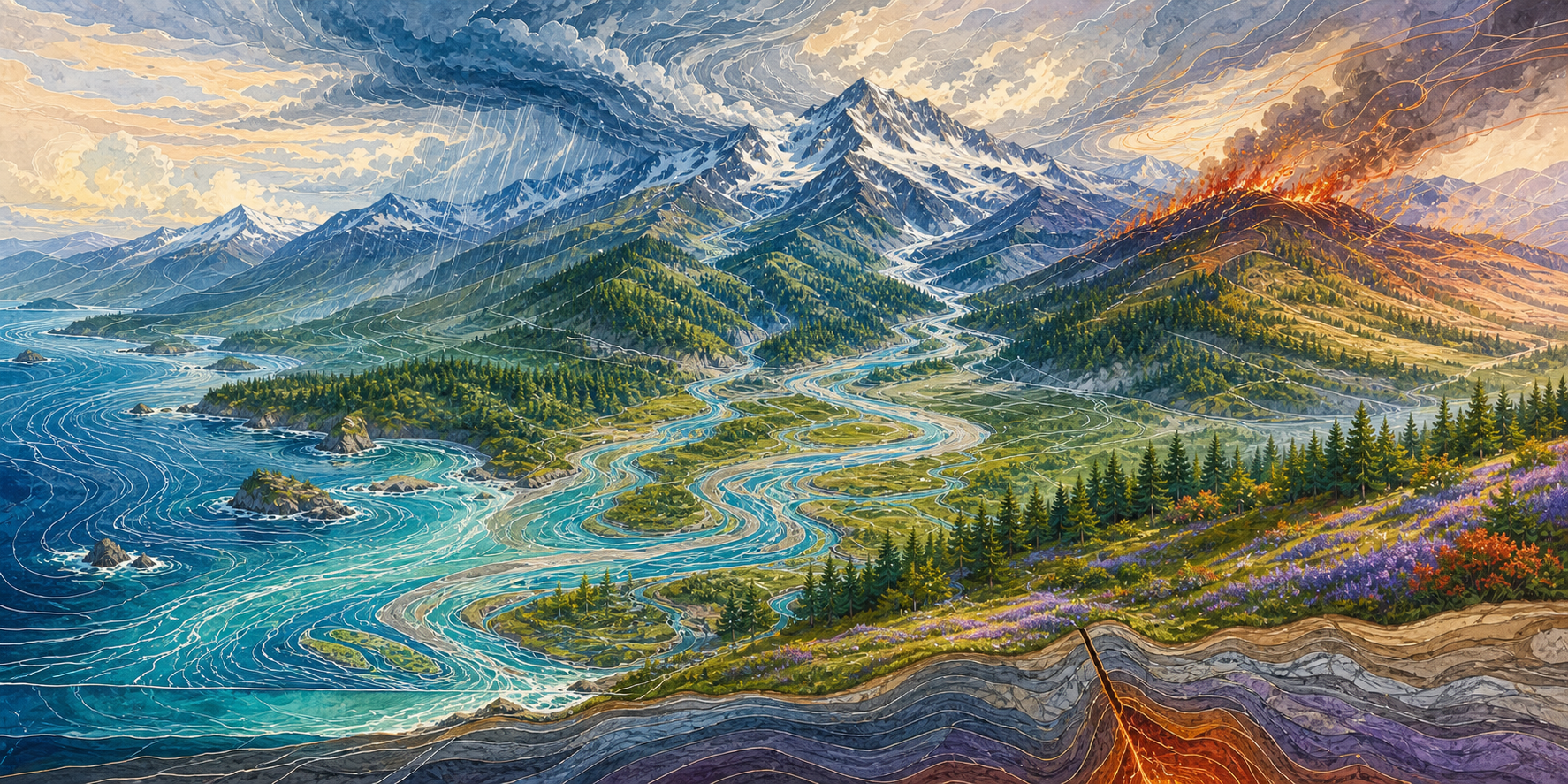 A faulted coast, braided rivers, storm clouds, snow-covered mountains, and a ridge fire meet in one connected Cascadian landscape.