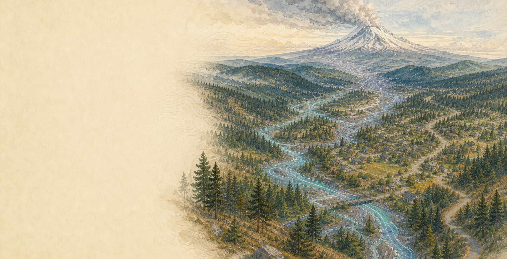 A quiet snow-capped Cascade volcano above a forested river valley, community, and roads, with a high plume moving on the wind.