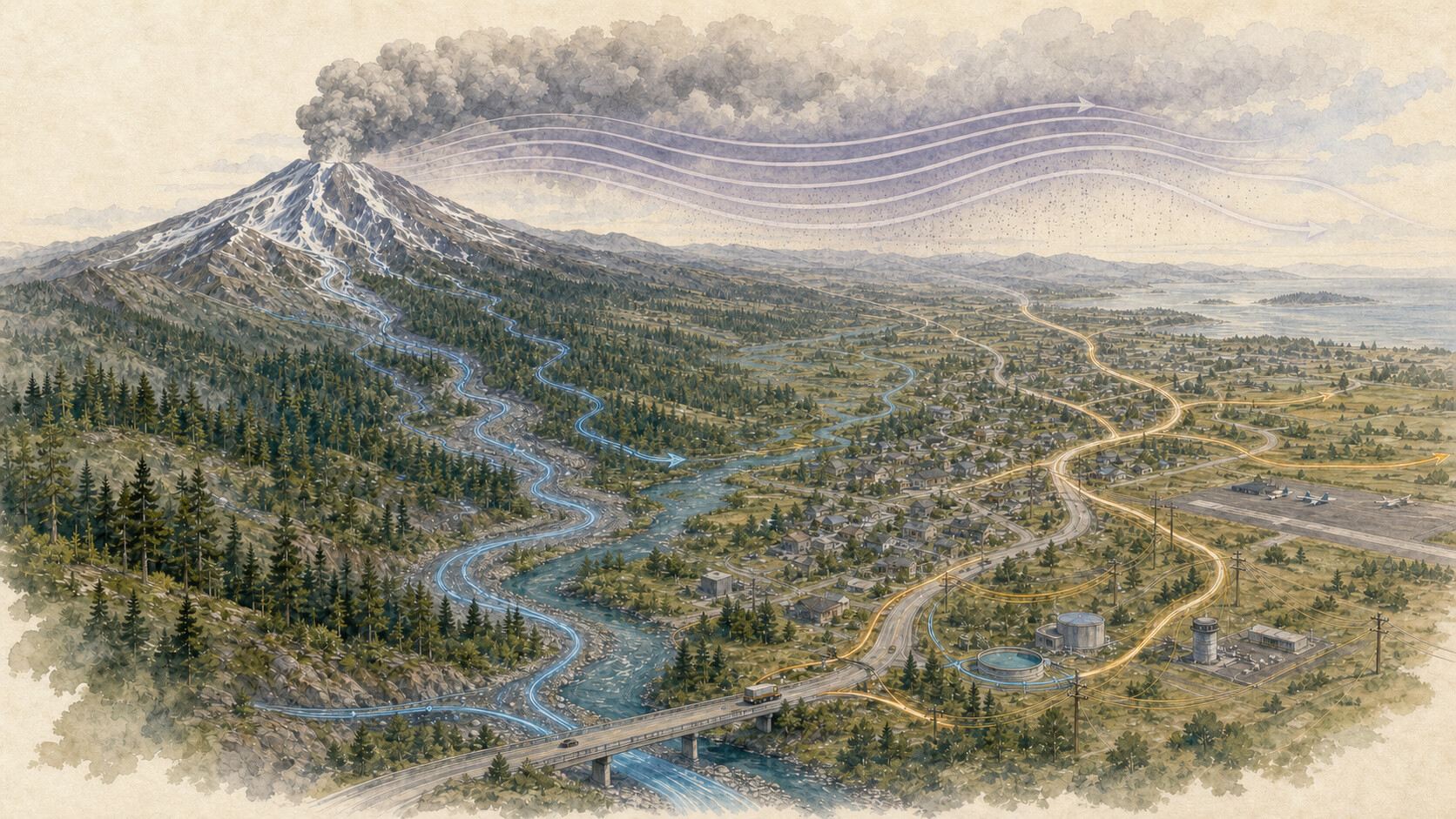 A Cascade volcano with ash carried downwind, potential valley pathways following river drainage, and road, power, water, and aviation systems extending through a town.