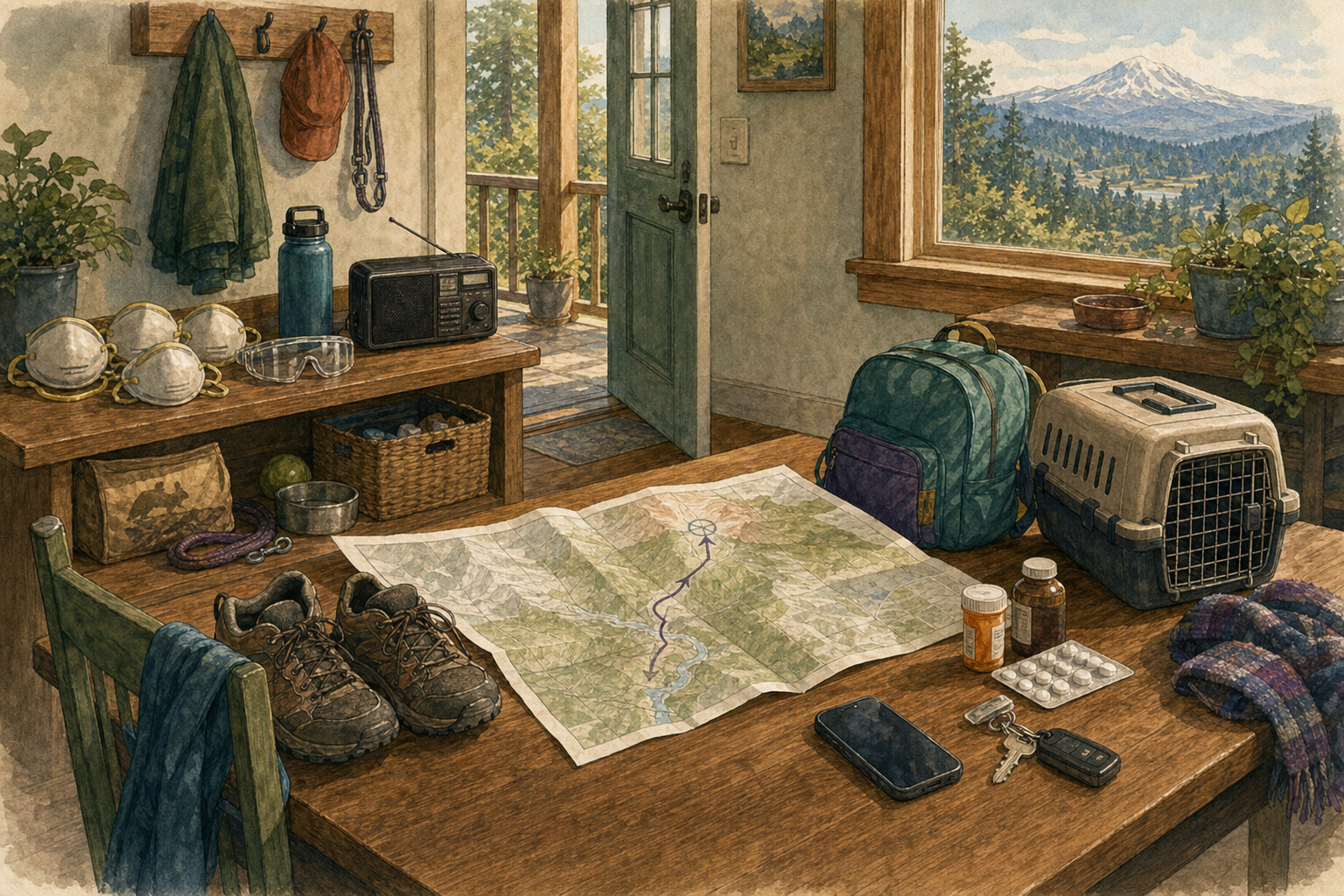 A table with a hazard map and route, walking shoes, medication, keys, a phone, child-sized backpack, pet carrier, respirators, goggles, radio, water, and animal supplies, with a quiet volcano visible through the window.