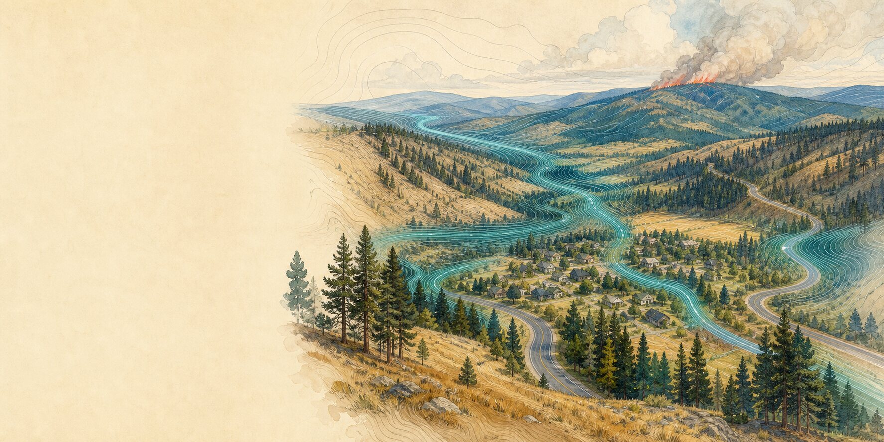 A dry Cascadian valley beneath a distant ridge fire, with wind moving above a community connected by two roads.