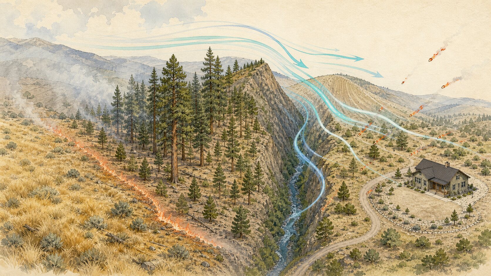 A slope fire, canyon wind, windborne embers, a road, and a house with a clear immediate ignition zone.