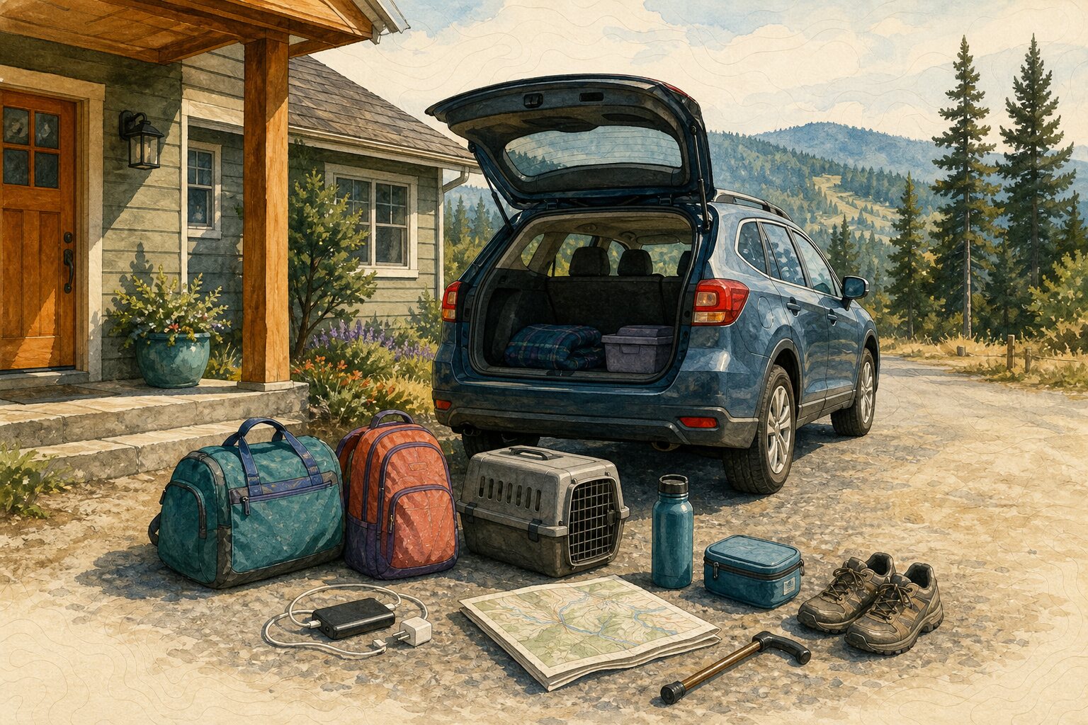A vehicle staged beside bags, an animal carrier, a cane, route information, a medication cooler, chargers, shoes, and water.
