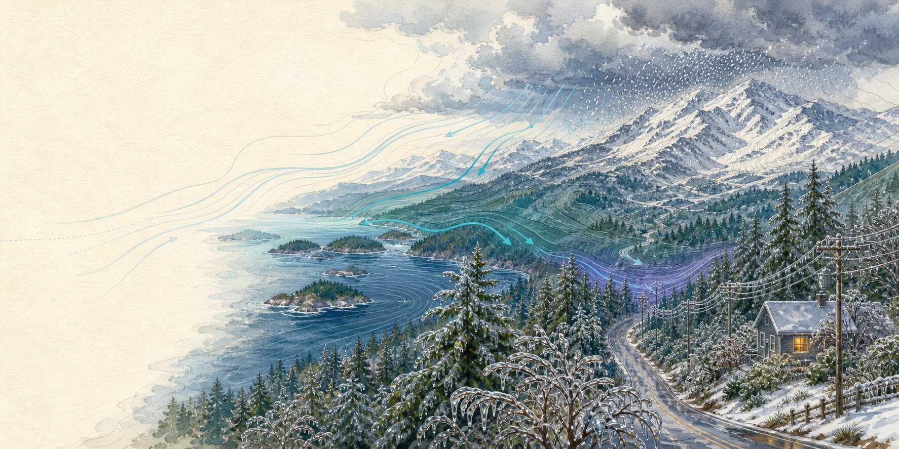 Pacific air moving across a snowy Cascadian coast toward glazed trees, a winding road, power lines, and a warmly lit home.