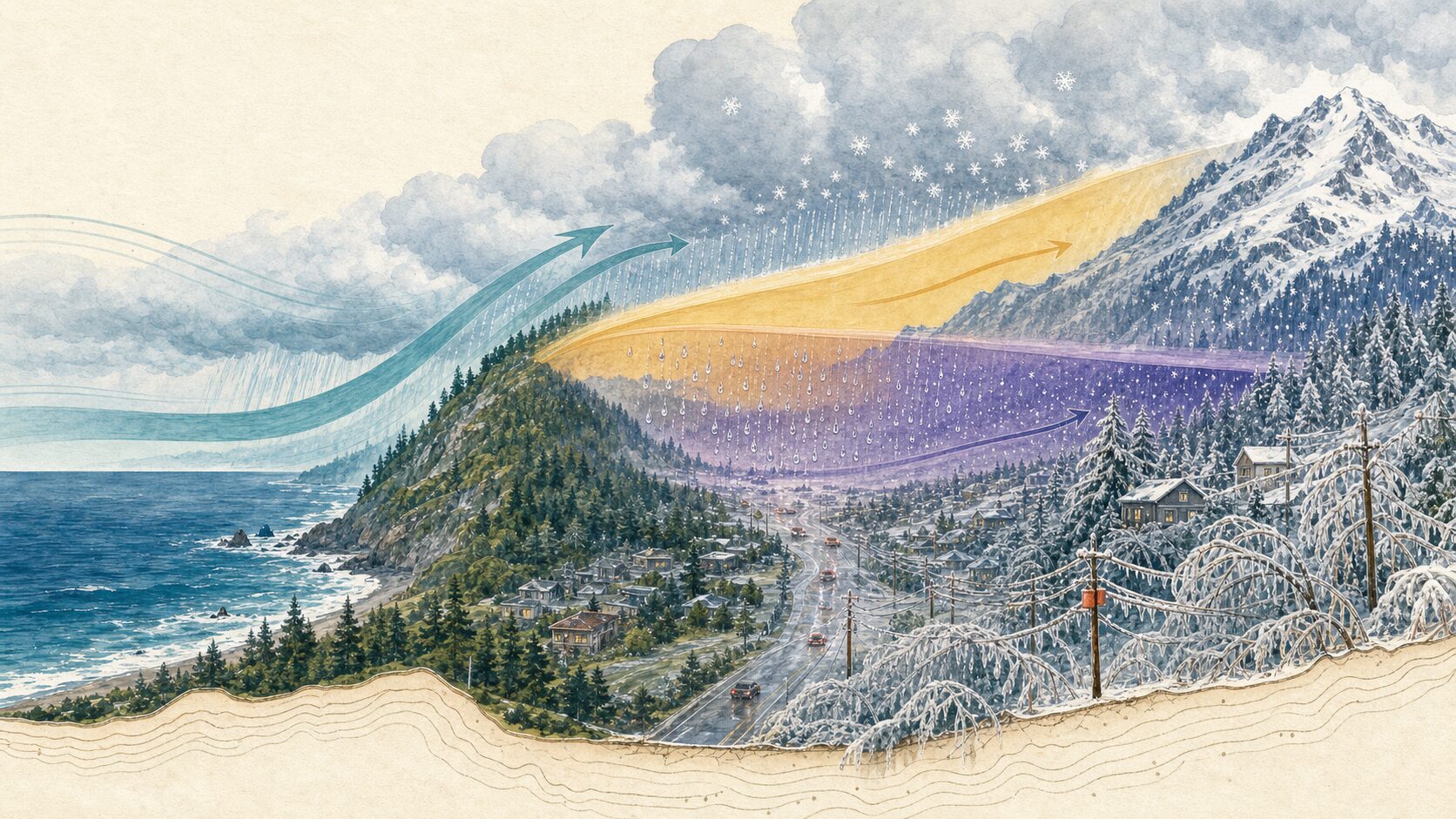 Moist Pacific air rising over coastal terrain, a warm layer above cold valley air producing freezing rain, and snow falling through colder air at higher elevation.