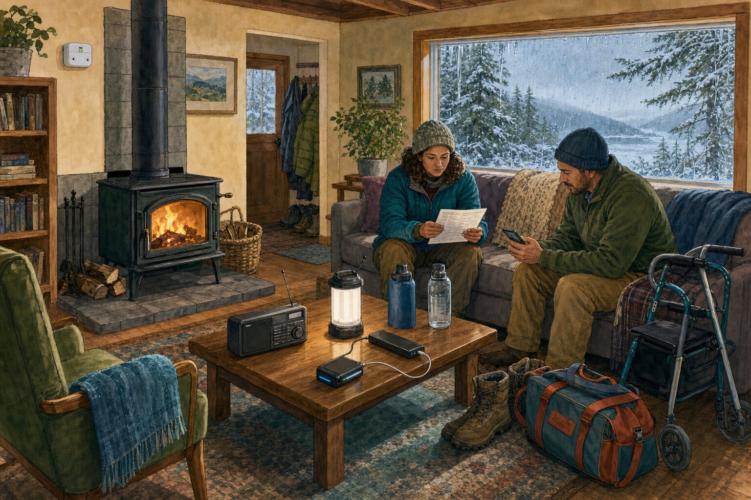 Two adults reviewing a plan in a warm room with a safely installed stove, a carbon-monoxide alarm, radio, lantern, water, backup power, boots, a bag, and a walker.