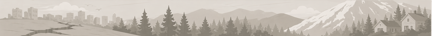 Panoramic earthquake banner with cracked ground, evergreens, foothills, and a mountain behind nearby homes.