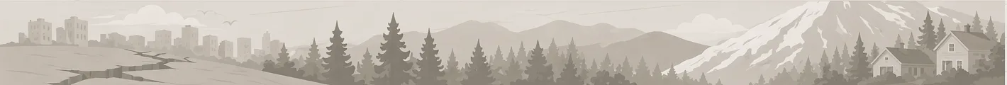 Panoramic earthquake banner with cracked ground, evergreens, foothills, and a mountain behind nearby homes.