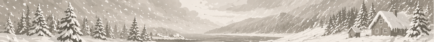 Panoramic winter storm banner with heavy snow over pines, a frozen valley, and a snow-covered house.